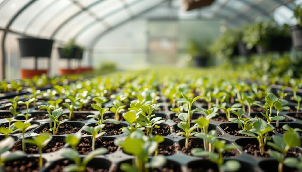 A cozy greenhouse interior with lush, thriving seedlings in the foreground. Rows of tiny green sprouts emerging from soil-filled trays, their tender leaves gently illuminated by soft natural light filtering in through the glass walls. In the middle ground, a few young plants have already started to unfurl their first true leaves, hinting at the bountiful harvest to come. The background is pleasantly out of focus, suggesting a peaceful, serene setting conducive to careful tending and nurturing of these nascent plants. The overall scene conveys a sense of growth, renewal, and the promise of a fruitful hydroponic system. A cozy greenhouse interior with lush, thriving seedlings in the foreground. Rows of tiny green sprouts emerging from soil-filled trays, their tender leaves gently illuminated by soft natural light filtering in through the glass walls. In the middle ground, a few young plants have already started to unfurl their first true leaves, hinting at the bountiful harvest to come. The background is pleasantly out of focus, suggesting a peaceful, serene setting conducive to careful tending and nurturing of these nascent plants. The overall scene conveys a sense of growth, renewal, and the promise of a fruitful hydroponic system.