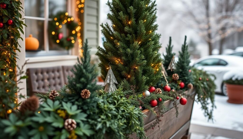 A cozy holiday container garden arrangement, featuring a tall evergreen tree centerpiece surrounded by lush greenery, twinkling lights, and miniature Christmas trees. The foreground showcases a variety of potted plants, cascading vines, and accents like pinecones and ornaments. The middle ground highlights the focal point, a beautifully decorated tree with warm yellow lighting, while the background suggests a snowy outdoor setting, with a soft, blurred winter landscape. The overall mood is festive and inviting, evoking the spirit of the holiday season. Shot from a low angle with a wide-angle lens to capture the full depth and grandeur of the composition. A cozy holiday container garden arrangement, featuring a tall evergreen tree centerpiece surrounded by lush greenery, twinkling lights, and miniature Christmas trees. The foreground showcases a variety of potted plants, cascading vines, and accents like pinecones and ornaments. The middle ground highlights the focal point, a beautifully decorated tree with warm yellow lighting, while the background suggests a snowy outdoor setting, with a soft, blurred winter landscape. The overall mood is festive and inviting, evoking the spirit of the holiday season. Shot from a low angle with a wide-angle lens to capture the full depth and grandeur of the composition.