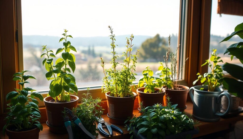 A cozy indoor garden scene, with lush, thriving herbs growing in pots on a wooden windowsill. Soft, diffused natural light filters through a large window, casting warm shadows and highlighting the vibrant green foliage. In the foreground, a variety of herbs such as basil, thyme, and rosemary stand tall, their leaves gently swaying. In the middle ground, a small gardening tool, a pair of pruning shears, and a small watering can add a sense of care and attention. The background features a view of a tranquil outdoor landscape, hinting at the transition between indoor and outdoor growing spaces. The overall atmosphere is one of peaceful productivity, inviting the viewer to consider the joys and benefits of cultivating herbs indoors, even in low-light conditions. A cozy indoor garden scene, with lush, thriving herbs growing in pots on a wooden windowsill. Soft, diffused natural light filters through a large window, casting warm shadows and highlighting the vibrant green foliage. In the foreground, a variety of herbs such as basil, thyme, and rosemary stand tall, their leaves gently swaying. In the middle ground, a small gardening tool, a pair of pruning shears, and a small watering can add a sense of care and attention. The background features a view of a tranquil outdoor landscape, hinting at the transition between indoor and outdoor growing spaces. The overall atmosphere is one of peaceful productivity, inviting the viewer to consider the joys and benefits of cultivating herbs indoors, even in low-light conditions.