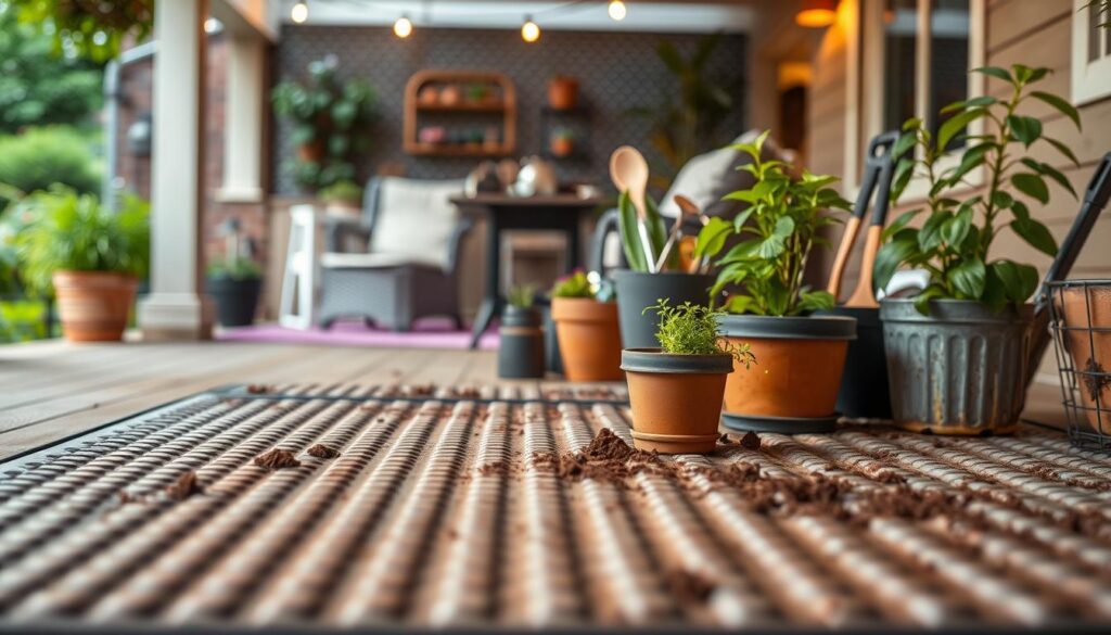 A cozy patio with a well-crafted potting mat in the foreground, providing a clean and organized space for potting and repotting plants. The mat features a textured, durable surface and raised edges to contain soil and debris, creating a tidy workspace. In the middle ground, lush potted plants and gardening tools are neatly arranged, suggesting a functional and aesthetically pleasing setup. The background showcases the inviting atmosphere of the patio, with warm lighting, perhaps some patio furniture or a small table, and a hint of greenery from surrounding plants or a garden. The overall scene conveys a sense of efficiency, order, and the pleasure of tending to plants in a comfortable, mess-free environment. A cozy patio with a well-crafted potting mat in the foreground, providing a clean and organized space for potting and repotting plants. The mat features a textured, durable surface and raised edges to contain soil and debris, creating a tidy workspace. In the middle ground, lush potted plants and gardening tools are neatly arranged, suggesting a functional and aesthetically pleasing setup. The background showcases the inviting atmosphere of the patio, with warm lighting, perhaps some patio furniture or a small table, and a hint of greenery from surrounding plants or a garden. The overall scene conveys a sense of efficiency, order, and the pleasure of tending to plants in a comfortable, mess-free environment.