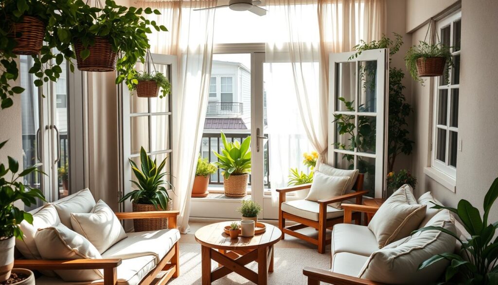 A cozy, sun-drenched balcony, its decor seamlessly blending with the interior. Plush seating in neutral tones, accented by lush greenery in hanging baskets and potted plants. Wooden furnishings and natural textures create a warm, inviting atmosphere. Soft ambient lighting filters through sheer curtains, casting a gentle glow. A pair of French doors open onto the balcony, creating a seamless transition between indoor and outdoor living. The balcony feels like an extension of the home's interior, a harmonious and tranquil oasis in the heart of the city. A cozy, sun-drenched balcony, its decor seamlessly blending with the interior. Plush seating in neutral tones, accented by lush greenery in hanging baskets and potted plants. Wooden furnishings and natural textures create a warm, inviting atmosphere. Soft ambient lighting filters through sheer curtains, casting a gentle glow. A pair of French doors open onto the balcony, creating a seamless transition between indoor and outdoor living. The balcony feels like an extension of the home's interior, a harmonious and tranquil oasis in the heart of the city.