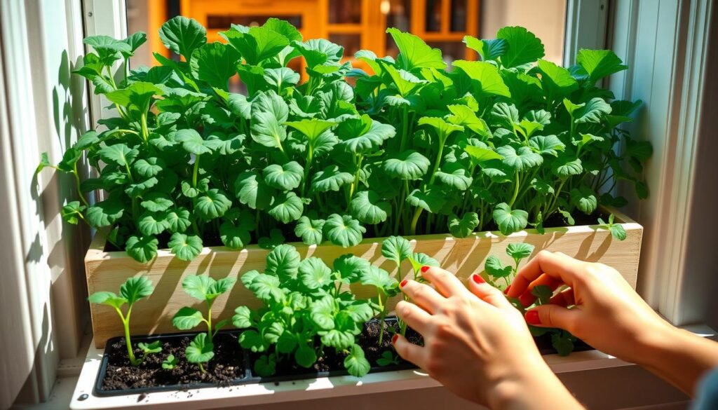 A cozy, well-lit kitchen window with a vibrant window box overflowing with lush, leafy salad greens in various stages of growth. In the foreground, a gardener's hands gently planting seedlings, their movements captured in a series of sequential frames. The middle ground showcases the established plants, their leaves casting soft shadows on the windowsill. In the background, a glimpse of the kitchen interior, warm and inviting, sets the scene for this bountiful urban garden. The lighting is natural, with a soft, diffused glow illuminating the scene. The camera angle is slightly elevated, providing an engaging, step-by-step view of the planting process.