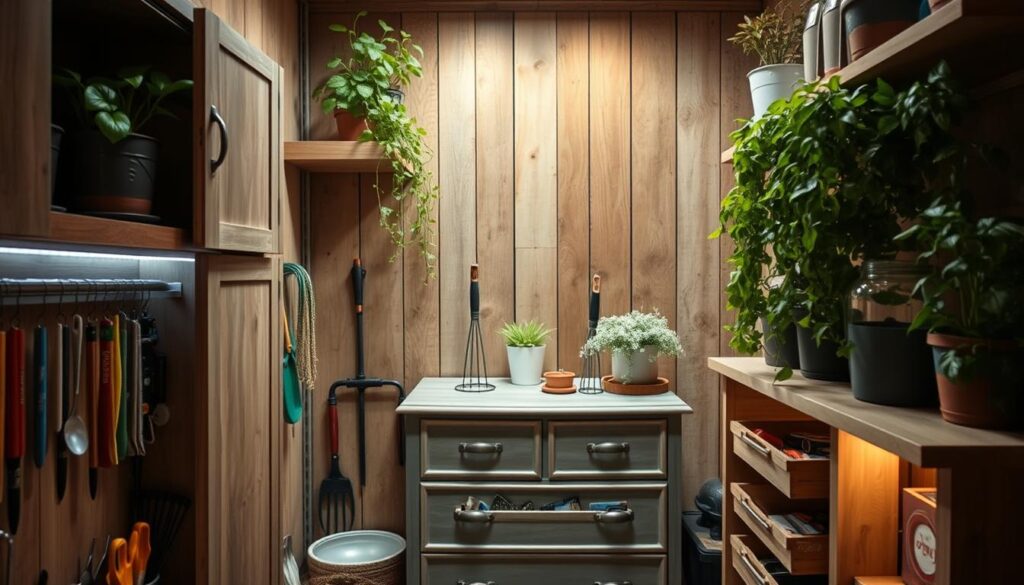 A cozy, well-lit nook filled with cleverly concealed storage solutions. In the foreground, a wall-mounted cabinet with discreet sliding doors reveals an array of gardening tools and supplies. Above, a floating shelf holds potted plants, their lush foliage cascading down. In the middle ground, a repurposed dresser with hidden drawers blends seamlessly into the rustic, wooden-paneled backdrop. Subtle LED lighting casts a warm glow, illuminating the various compartments and cubbies tucked away for maximum utility in this urban gardener's haven. A cozy, well-lit nook filled with cleverly concealed storage solutions. In the foreground, a wall-mounted cabinet with discreet sliding doors reveals an array of gardening tools and supplies. Above, a floating shelf holds potted plants, their lush foliage cascading down. In the middle ground, a repurposed dresser with hidden drawers blends seamlessly into the rustic, wooden-paneled backdrop. Subtle LED lighting casts a warm glow, illuminating the various compartments and cubbies tucked away for maximum utility in this urban gardener's haven.