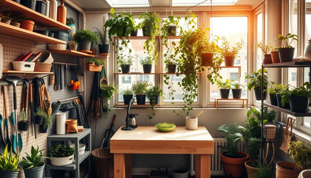 A cozy, well-organized urban gardener's workspace, bathed in warm natural light filtering through large windows. In the foreground, various multipurpose storage solutions - shelves, pegboards, and hanging baskets - neatly arrange a variety of gardening tools, supplies, and small potted plants. In the middle ground, a compact workbench or potting table provides ample surface area for DIY projects and seed starting. The background features lush, verdant plant life cascading from hanging shelves, creating a serene, nature-inspired ambiance. The entire scene conveys a sense of efficiency, functionality, and harmony within a limited spatial footprint. A cozy, well-organized urban gardener's workspace, bathed in warm natural light filtering through large windows. In the foreground, various multipurpose storage solutions - shelves, pegboards, and hanging baskets - neatly arrange a variety of gardening tools, supplies, and small potted plants. In the middle ground, a compact workbench or potting table provides ample surface area for DIY projects and seed starting. The background features lush, verdant plant life cascading from hanging shelves, creating a serene, nature-inspired ambiance. The entire scene conveys a sense of efficiency, functionality, and harmony within a limited spatial footprint.