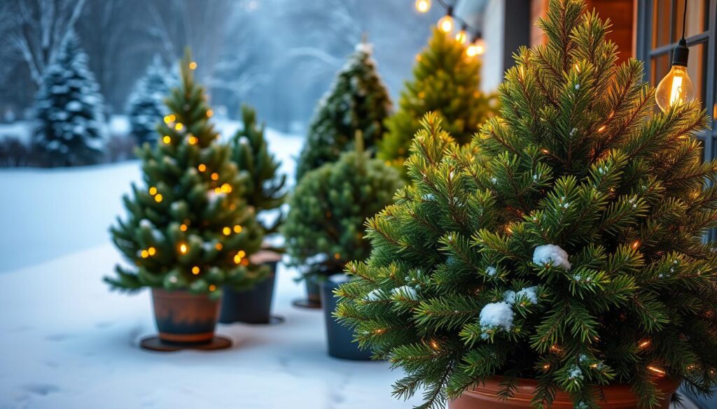 A cozy winter scene with lush, verdant evergreens softly illuminated by the warm glow of twinkling string lights. In the foreground, a simple yet elegant container garden overflows with miniature pine, fir, and spruce trees, their branches adorned with a dusting of fresh snow. The middle ground features a harmonious arrangement of larger potted evergreens, their vibrant foliage contrasting beautifully with the delicate lighting. In the background, a serene winter landscape stretches out, blanketed in a pristine layer of white, creating a sense of peaceful tranquility. The lighting casts a magical, dreamlike ambiance, evoking the joyful spirit of the holiday season. A cozy winter scene with lush, verdant evergreens softly illuminated by the warm glow of twinkling string lights. In the foreground, a simple yet elegant container garden overflows with miniature pine, fir, and spruce trees, their branches adorned with a dusting of fresh snow. The middle ground features a harmonious arrangement of larger potted evergreens, their vibrant foliage contrasting beautifully with the delicate lighting. In the background, a serene winter landscape stretches out, blanketed in a pristine layer of white, creating a sense of peaceful tranquility. The lighting casts a magical, dreamlike ambiance, evoking the joyful spirit of the holiday season.