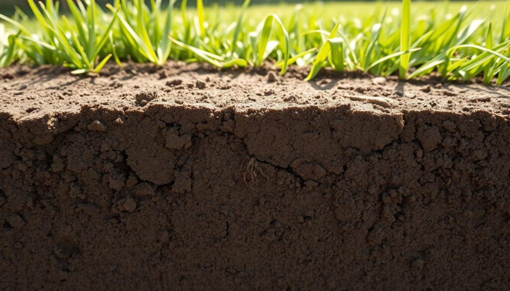 A cross-section of densely compacted soil, revealing a dull, gray-brown color and a tightly packed, impermeable structure. The foreground showcases the telltale signs of compaction - a lack of visible pore spaces, the absence of soil aggregates, and a smooth, uniform texture. In the middle ground, fine rootlets struggle to penetrate the dense, unyielding medium, while the background depicts a withered, patchy lawn struggling to thrive. The scene is illuminated by soft, diffused natural lighting, capturing the stark contrast between the compact, lifeless soil and the lush, vibrant growth that should be present in a healthy lawn.