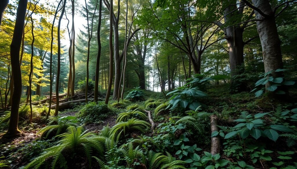 A dense, layered micro-forest in a 10x10 foot space. In the foreground, a diverse understory of ferns, mosses, and low-growing plants covers the forest floor. Midground features a mix of young, thin tree trunks - oak, maple, birch - rising up to create a canopy. The background shows mature, full-branched trees with sunlight filtering through the leaves, casting a warm, dappled glow. The overall scene conveys a sense of lush, natural abundance and resilience within a confined urban setting. Captured with a wide-angle lens to emphasize the layered, three-dimensional quality of the micro-forest ecosystem. A dense, layered micro-forest in a 10x10 foot space. In the foreground, a diverse understory of ferns, mosses, and low-growing plants covers the forest floor. Midground features a mix of young, thin tree trunks - oak, maple, birch - rising up to create a canopy. The background shows mature, full-branched trees with sunlight filtering through the leaves, casting a warm, dappled glow. The overall scene conveys a sense of lush, natural abundance and resilience within a confined urban setting. Captured with a wide-angle lens to emphasize the layered, three-dimensional quality of the micro-forest ecosystem.
