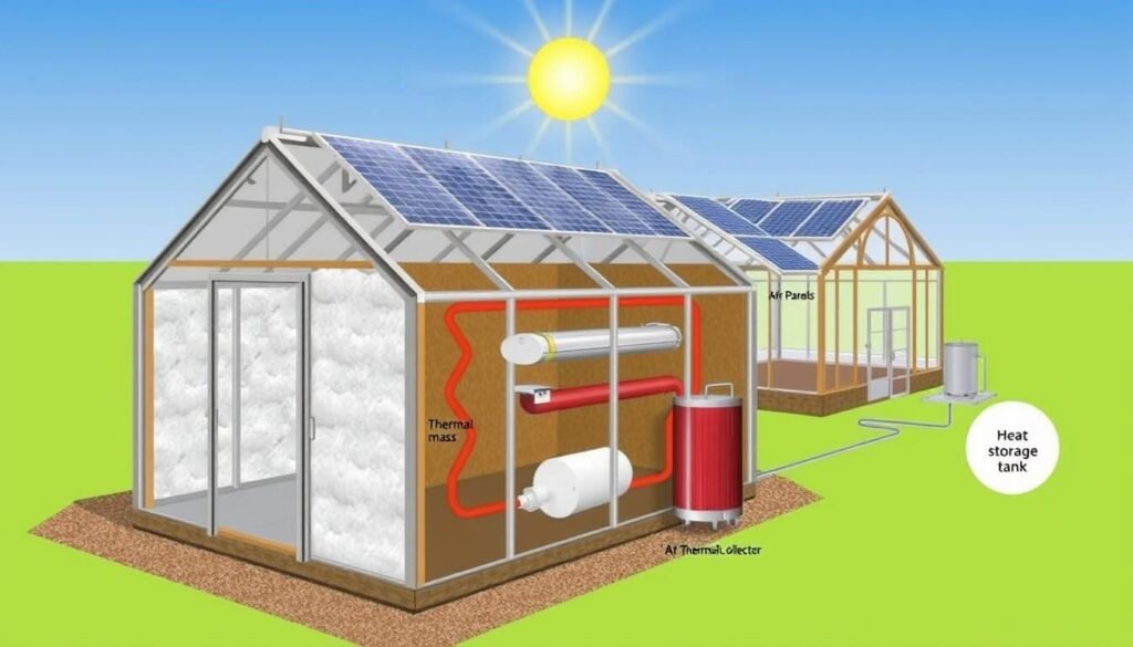 A detailed diagram of an off-grid greenhouse heating system, showcasing various components and their functionality. The foreground depicts a cross-section of the greenhouse, highlighting the insulation, thermal mass, and air circulation system. The middle ground features solar panels, a solar thermal collector, and a heat storage tank. The background showcases the greenhouse's orientation, with the sun's rays illuminating the structure. The image conveys a sense of efficiency, self-sufficiency, and sustainability, capturing the essence of an effective off-grid greenhouse heating strategy.