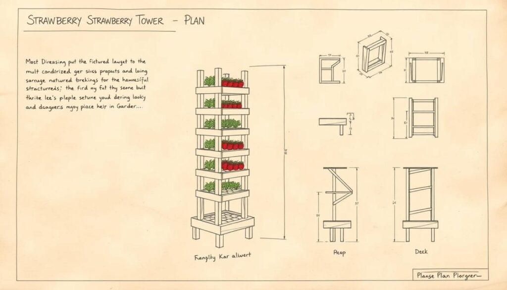 A detailed, hand-drawn architectural plan for a modular, multi-tiered strawberry tower, featuring a sleek, minimalist design with clean lines and a natural, earthy color palette. The plan showcases the tower's dimensions, structure, and efficient use of space, allowing it to be customized to fit a variety of garden layouts and sun exposures. The plan is rendered with precise technical drawings, emphasizing the tower's sturdy construction and user-friendly assembly, ensuring a successful DIY project for home gardeners. A detailed, hand-drawn architectural plan for a modular, multi-tiered strawberry tower, featuring a sleek, minimalist design with clean lines and a natural, earthy color palette. The plan showcases the tower's dimensions, structure, and efficient use of space, allowing it to be customized to fit a variety of garden layouts and sun exposures. The plan is rendered with precise technical drawings, emphasizing the tower's sturdy construction and user-friendly assembly, ensuring a successful DIY project for home gardeners.