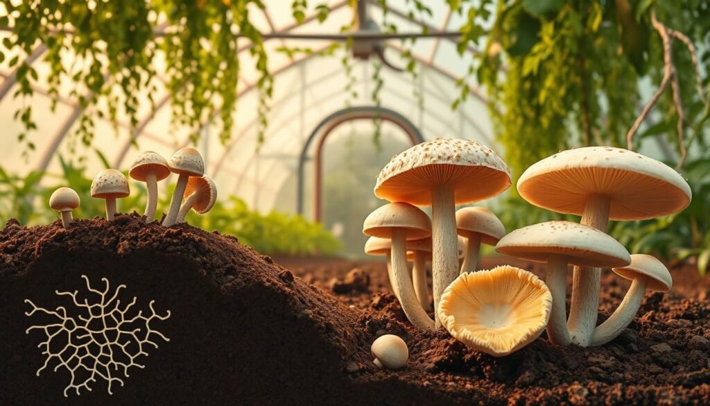 A detailed illustration of the mushroom life cycle, centered on a greenhouse grow tent. In the foreground, a cross-section of the soil shows the mycelium network, with budding mushrooms emerging from the substrate. In the middle ground, several mature mushrooms of various species are depicted, capturing their cap, stem, and gills in sharp focus under warm, diffused lighting. The background features a lush, verdant greenhouse interior, with hanging vines and a transparent grow tent enclosure bathed in soft, natural light. The overall composition conveys the cyclic, organic nature of mushroom cultivation, complementing the subject matter of the article's section on understanding the mushroom life cycle. A detailed illustration of the mushroom life cycle, centered on a greenhouse grow tent. In the foreground, a cross-section of the soil shows the mycelium network, with budding mushrooms emerging from the substrate. In the middle ground, several mature mushrooms of various species are depicted, capturing their cap, stem, and gills in sharp focus under warm, diffused lighting. The background features a lush, verdant greenhouse interior, with hanging vines and a transparent grow tent enclosure bathed in soft, natural light. The overall composition conveys the cyclic, organic nature of mushroom cultivation, complementing the subject matter of the article's section on understanding the mushroom life cycle.