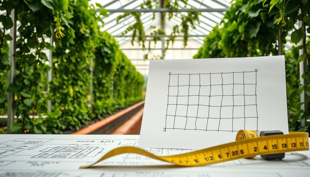 A detailed plan design layout featuring a tape measure against a backdrop of lush greenhouse vines. The foreground showcases a tape measure unfurled, highlighting the size and scale of the planting area. The middle ground features a hand-drawn sketch of a trellis pattern, meticulously planned with precise measurements and anchor points. The background immerses the viewer in a serene greenhouse setting, with verdant vines cascading across the frame, conveying a sense of natural harmony. The lighting is soft and diffused, creating a warm, inviting atmosphere. The overall composition emphasizes the thoughtful planning and preparation required for a successful greenhouse vine trellis project. A detailed plan design layout featuring a tape measure against a backdrop of lush greenhouse vines. The foreground showcases a tape measure unfurled, highlighting the size and scale of the planting area. The middle ground features a hand-drawn sketch of a trellis pattern, meticulously planned with precise measurements and anchor points. The background immerses the viewer in a serene greenhouse setting, with verdant vines cascading across the frame, conveying a sense of natural harmony. The lighting is soft and diffused, creating a warm, inviting atmosphere. The overall composition emphasizes the thoughtful planning and preparation required for a successful greenhouse vine trellis project.