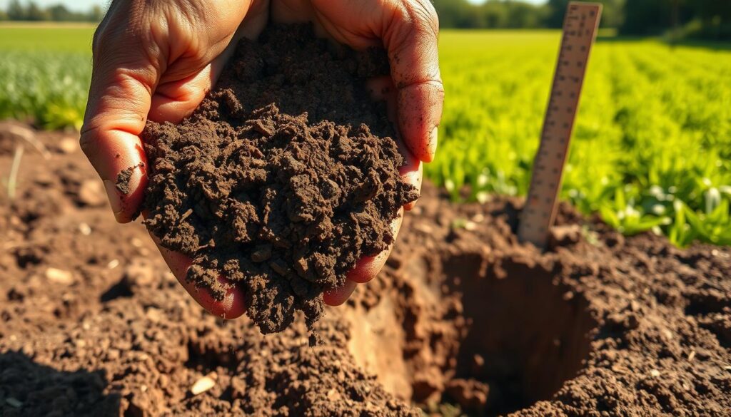 A detailed soil assessment in a sunlit, natural setting. In the foreground, a handful of rich, dark soil is being sifted through weathered hands, revealing its texture and composition. In the middle ground, a soil profile pit exposes the different horizons, with a ruler for scale. In the background, a lush, verdant field stretches out, hinting at the potential for transformation. Warm, directional lighting casts gentle shadows, highlighting the soil's structure and color. A macro lens captures the intricate details, while a wide angle lens provides context. The overall mood is one of thoughtful examination, capturing the first step in a journey towards fertile, productive soil. A detailed soil assessment in a sunlit, natural setting. In the foreground, a handful of rich, dark soil is being sifted through weathered hands, revealing its texture and composition. In the middle ground, a soil profile pit exposes the different horizons, with a ruler for scale. In the background, a lush, verdant field stretches out, hinting at the potential for transformation. Warm, directional lighting casts gentle shadows, highlighting the soil's structure and color. A macro lens captures the intricate details, while a wide angle lens provides context. The overall mood is one of thoughtful examination, capturing the first step in a journey towards fertile, productive soil.