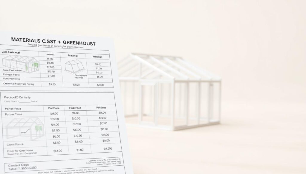A detailed, well-organized image showcasing the materials cost per square foot for a greenhouse, set against a clean, minimalist background. Capture the foreground with precise technical diagrams highlighting the materials and their respective costs, presented in a clear, easy-to-understand layout. In the middle ground, include a simple, high-quality render of a greenhouse structure to provide context. The background should be a soft, neutral tone that complements the overall composition and draws the viewer's attention to the key information. Utilize natural lighting and a shallow depth of field to create a visually appealing, professional-grade image. A detailed, well-organized image showcasing the materials cost per square foot for a greenhouse, set against a clean, minimalist background. Capture the foreground with precise technical diagrams highlighting the materials and their respective costs, presented in a clear, easy-to-understand layout. In the middle ground, include a simple, high-quality render of a greenhouse structure to provide context. The background should be a soft, neutral tone that complements the overall composition and draws the viewer's attention to the key information. Utilize natural lighting and a shallow depth of field to create a visually appealing, professional-grade image.