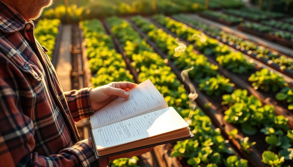 A diligent gardener meticulously records crop yields, pest sightings, and soil conditions in a worn leather-bound notebook. Surrounded by lush, thriving vegetable beds, they stand in a warm, golden-hour glow, casting long shadows across the neatly tended rows. Delicate wisps of steam rise from a steaming mug of tea, a testament to the gardener's attention to detail and dedication to improving their techniques year after year. The scene exudes a sense of tranquility and a deep connection to the natural world, capturing the essence of the "Recordkeeping that improves results year after year" section of the article. A diligent gardener meticulously records crop yields, pest sightings, and soil conditions in a worn leather-bound notebook. Surrounded by lush, thriving vegetable beds, they stand in a warm, golden-hour glow, casting long shadows across the neatly tended rows. Delicate wisps of steam rise from a steaming mug of tea, a testament to the gardener's attention to detail and dedication to improving their techniques year after year. The scene exudes a sense of tranquility and a deep connection to the natural world, capturing the essence of the "Recordkeeping that improves results year after year" section of the article.