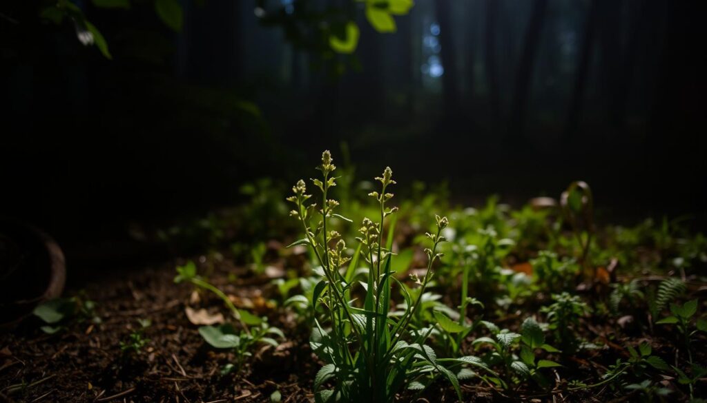 A dimly lit forest floor, where lush green leaves cast gentle shadows across the earth. The soft glow of ambient light filters through the canopy above, creating a serene and contemplative atmosphere. In the foreground, a cluster of low-growing herbs sway gently, their delicate foliage unfurling in the subdued illumination. The middle ground reveals a mix of woodland undergrowth, with ferns and mosses thriving in the shaded environment. The background fades into a hazy, dreamlike landscape, hinting at the rich biodiversity that can flourish even in low-light conditions. A dimly lit forest floor, where lush green leaves cast gentle shadows across the earth. The soft glow of ambient light filters through the canopy above, creating a serene and contemplative atmosphere. In the foreground, a cluster of low-growing herbs sway gently, their delicate foliage unfurling in the subdued illumination. The middle ground reveals a mix of woodland undergrowth, with ferns and mosses thriving in the shaded environment. The background fades into a hazy, dreamlike landscape, hinting at the rich biodiversity that can flourish even in low-light conditions.