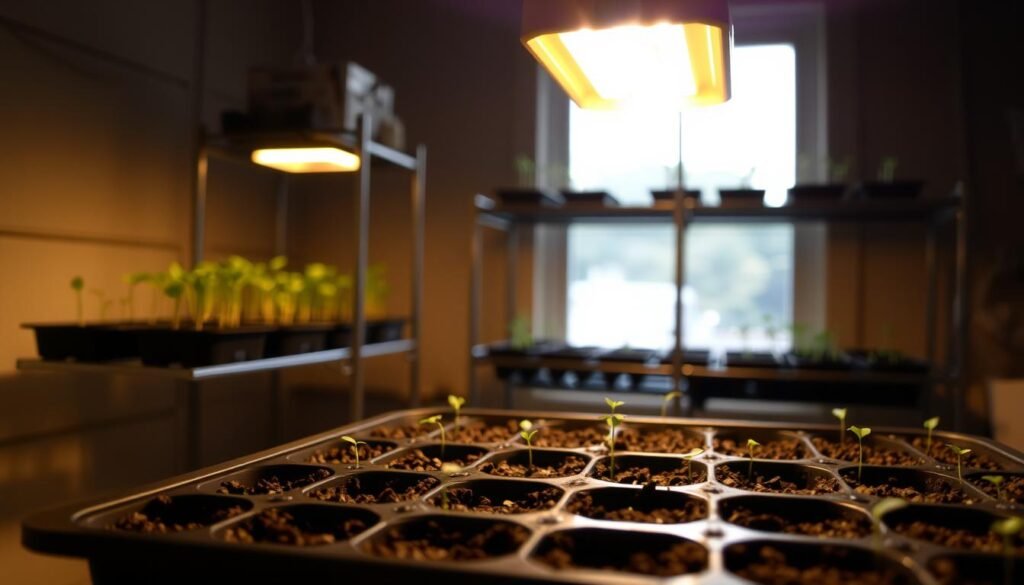 A dimly lit indoor scene of a seed starting setup. In the foreground, a tray of small seedling trays filled with soil and carefully planted seeds, illuminated by a warm-toned grow light suspended overhead. In the middle ground, shelves holding more trays of emerging seedlings, their delicate leaves reaching towards the light. The background shows a window, allowing natural daylight to filter in and complement the artificial glow, creating a cozy, nurturing atmosphere for this fledgling garden. The image conveys the patient anticipation and gentle care required to successfully start seeds indoors, setting the stage for a thriving home garden.