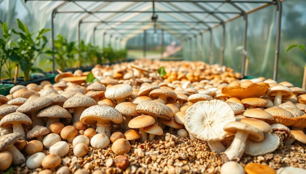 A diverse array of gourmet mushroom varieties arranged in a neatly organized greenhouse grow tent. The foreground showcases a selection of different caps and stems, including oyster, shiitake, and lion's mane mushrooms, each with their distinct textures and colors. The middle ground features a well-tended growing medium, with the mushrooms emerging from carefully cultivated substrate. The background depicts the greenhouse structure, with natural lighting filtering through the transparent walls, creating a warm and inviting atmosphere. Captured with a wide-angle lens to provide a comprehensive view, the image conveys the abundance and variety of gourmet mushrooms that can be grown in a greenhouse environment. A diverse array of gourmet mushroom varieties arranged in a neatly organized greenhouse grow tent. The foreground showcases a selection of different caps and stems, including oyster, shiitake, and lion's mane mushrooms, each with their distinct textures and colors. The middle ground features a well-tended growing medium, with the mushrooms emerging from carefully cultivated substrate. The background depicts the greenhouse structure, with natural lighting filtering through the transparent walls, creating a warm and inviting atmosphere. Captured with a wide-angle lens to provide a comprehensive view, the image conveys the abundance and variety of gourmet mushrooms that can be grown in a greenhouse environment.