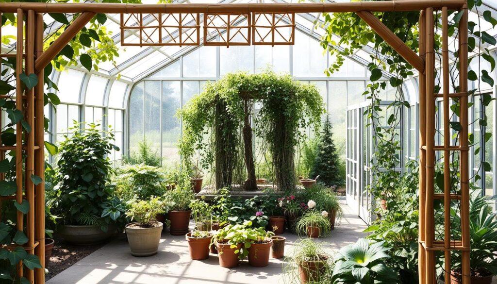 A finely crafted bamboo a-frame trellis stands prominently in the foreground, its intricate lattice-work casting gentle shadows across the lush greenhouse setting. The trellis is surrounded by a flourishing array of climbing vines, their verdant leaves and delicate tendrils reaching up towards the natural light filtering in through the glass panels above. In the middle ground, a variety of potted plants and trailing foliage add depth and texture to the scene, while the background features the subtle silhouettes of additional greenhouse structures, creating a serene, botanical atmosphere. The lighting is soft and diffused, highlighting the organic beauty of the materials and the harmony of the DIY design. A finely crafted bamboo a-frame trellis stands prominently in the foreground, its intricate lattice-work casting gentle shadows across the lush greenhouse setting. The trellis is surrounded by a flourishing array of climbing vines, their verdant leaves and delicate tendrils reaching up towards the natural light filtering in through the glass panels above. In the middle ground, a variety of potted plants and trailing foliage add depth and texture to the scene, while the background features the subtle silhouettes of additional greenhouse structures, creating a serene, botanical atmosphere. The lighting is soft and diffused, highlighting the organic beauty of the materials and the harmony of the DIY design.