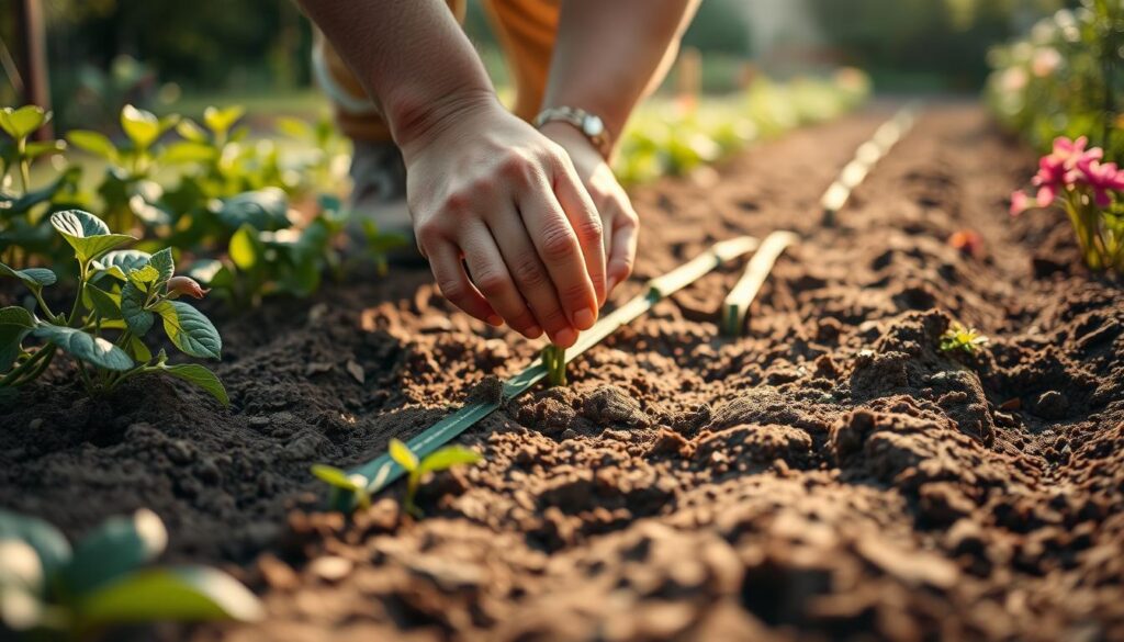 A gardener's hands carefully planting seed tapes into freshly tilled soil, the loamy earth gently yielding. The tapes, meticulously spaced and aligned, promise precise seed placement for optimal germination. Soft, diffused sunlight filters through wispy clouds, casting a warm, natural glow over the tranquil scene. Verdant plants and flowers border the garden bed, hinting at the abundant harvest to come. The composition is balanced, with the foreground action leading the eye towards the middle ground and background. An atmospheric, earthy tone pervades the image, reflecting the nurturing care required for successful seed planting. A gardener's hands carefully planting seed tapes into freshly tilled soil, the loamy earth gently yielding. The tapes, meticulously spaced and aligned, promise precise seed placement for optimal germination. Soft, diffused sunlight filters through wispy clouds, casting a warm, natural glow over the tranquil scene. Verdant plants and flowers border the garden bed, hinting at the abundant harvest to come. The composition is balanced, with the foreground action leading the eye towards the middle ground and background. An atmospheric, earthy tone pervades the image, reflecting the nurturing care required for successful seed planting.