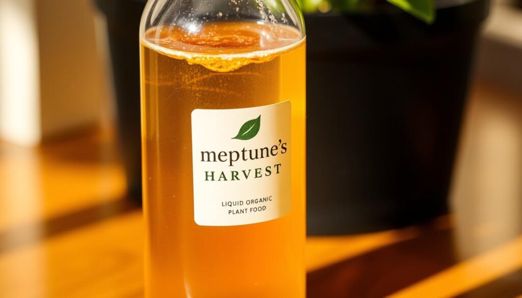 A glass bottle filled with a viscous, golden-brown liquid plant food, resting on a wooden surface. The bottle has a simple, minimalist label with the Neptune's Harvest logo. The liquid gently swirls inside, with subtle bubbles rising to the surface, hinting at the organic, nutrient-rich composition. Soft, natural lighting from the side illuminates the bottle, creating a warm, inviting atmosphere. The background is blurred, allowing the bottle to be the focal point, showcasing the high-quality, artisanal nature of the product. A glass bottle filled with a viscous, golden-brown liquid plant food, resting on a wooden surface. The bottle has a simple, minimalist label with the Neptune's Harvest logo. The liquid gently swirls inside, with subtle bubbles rising to the surface, hinting at the organic, nutrient-rich composition. Soft, natural lighting from the side illuminates the bottle, creating a warm, inviting atmosphere. The background is blurred, allowing the bottle to be the focal point, showcasing the high-quality, artisanal nature of the product.