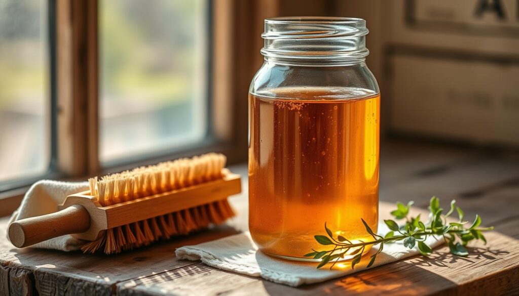 A glass jar filled with a clear, slightly effervescent liquid, reflecting the warm, natural light streaming in from a window. The liquid has a slight amber hue, hinting at the vinegar's rich, aromatic properties. The jar is set atop a rustic, weathered wooden surface, surrounded by a few simple cleaning tools - a natural fiber scrubbing brush, a reusable cloth, and a few sprigs of fresh herbs, adding a touch of vibrant greenery to the scene. The composition exudes a sense of eco-friendly, homespun efficiency, perfectly suited to elevate a thorough end-of-season tool cleaning ritual. A glass jar filled with a clear, slightly effervescent liquid, reflecting the warm, natural light streaming in from a window. The liquid has a slight amber hue, hinting at the vinegar's rich, aromatic properties. The jar is set atop a rustic, weathered wooden surface, surrounded by a few simple cleaning tools - a natural fiber scrubbing brush, a reusable cloth, and a few sprigs of fresh herbs, adding a touch of vibrant greenery to the scene. The composition exudes a sense of eco-friendly, homespun efficiency, perfectly suited to elevate a thorough end-of-season tool cleaning ritual.