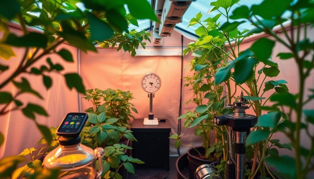 A greenhouse grow tent with lush, verdant vegetation, a hygrometer prominently displayed, showcasing the optimal humidity levels for cultivating gourmet mushrooms. Soft, diffused lighting illuminates the scene, casting a warm, inviting glow. The tent's interior is meticulously organized, with various scientific instruments and equipment neatly arranged, reflecting the precise, controlled environment required for successful mushroom cultivation. The overall atmosphere evokes a sense of scientific inquiry, a harmonious balance between nature and technology. The image should convey the importance of maintaining the proper humidity levels within the grow tent to ensure the thriving growth of the gourmet mushrooms. A greenhouse grow tent with lush, verdant vegetation, a hygrometer prominently displayed, showcasing the optimal humidity levels for cultivating gourmet mushrooms. Soft, diffused lighting illuminates the scene, casting a warm, inviting glow. The tent's interior is meticulously organized, with various scientific instruments and equipment neatly arranged, reflecting the precise, controlled environment required for successful mushroom cultivation. The overall atmosphere evokes a sense of scientific inquiry, a harmonious balance between nature and technology. The image should convey the importance of maintaining the proper humidity levels within the grow tent to ensure the thriving growth of the gourmet mushrooms.