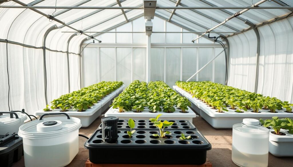 A greenhouse interior with natural light streaming in, a simple hydroponic setup taking center stage. In the foreground, a selection of hydroponic components - grow trays, water reservoirs, air pumps - arranged neatly. In the middle ground, rows of healthy, vibrant plants thriving in their nutrient-rich environment. The background features a minimalist, organized space with clean lines, allowing the plants to be the focal point. The lighting is soft and diffused, creating a serene, contemplative atmosphere. A muted color palette of greens, whites, and grays provides a calming, natural feel. This image inspires careful planning and mindful arrangement of a beginner-friendly hydroponic system within a greenhouse setting. A greenhouse interior with natural light streaming in, a simple hydroponic setup taking center stage. In the foreground, a selection of hydroponic components - grow trays, water reservoirs, air pumps - arranged neatly. In the middle ground, rows of healthy, vibrant plants thriving in their nutrient-rich environment. The background features a minimalist, organized space with clean lines, allowing the plants to be the focal point. The lighting is soft and diffused, creating a serene, contemplative atmosphere. A muted color palette of greens, whites, and grays provides a calming, natural feel. This image inspires careful planning and mindful arrangement of a beginner-friendly hydroponic system within a greenhouse setting.