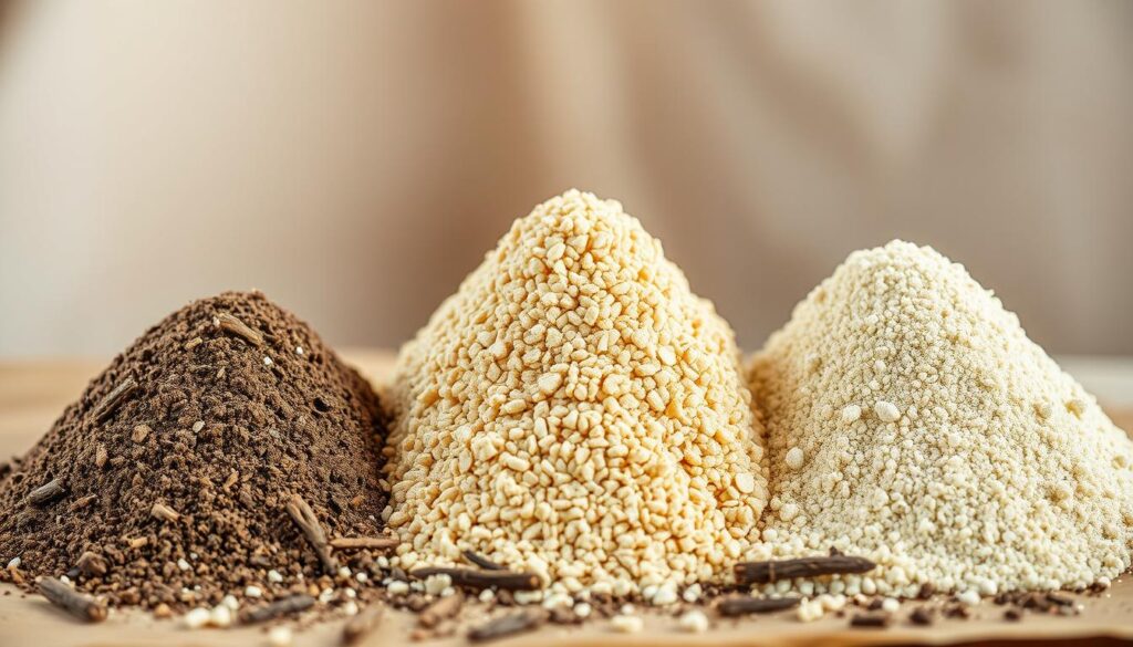 A high-quality, close-up photograph of three distinct piles of soil ingredients - coir, perlite, and vermiculite - arranged neatly in the foreground against a soft, blurred background. The lighting is natural and diffused, creating a warm, earthy atmosphere. The textures and colors of the materials are captured in meticulous detail, showcasing their unique properties. The composition is balanced and visually appealing, drawing the viewer's attention to the core ingredients that are essential for creating a thriving herb garden soil mix. A high-quality, close-up photograph of three distinct piles of soil ingredients - coir, perlite, and vermiculite - arranged neatly in the foreground against a soft, blurred background. The lighting is natural and diffused, creating a warm, earthy atmosphere. The textures and colors of the materials are captured in meticulous detail, showcasing their unique properties. The composition is balanced and visually appealing, drawing the viewer's attention to the core ingredients that are essential for creating a thriving herb garden soil mix.
