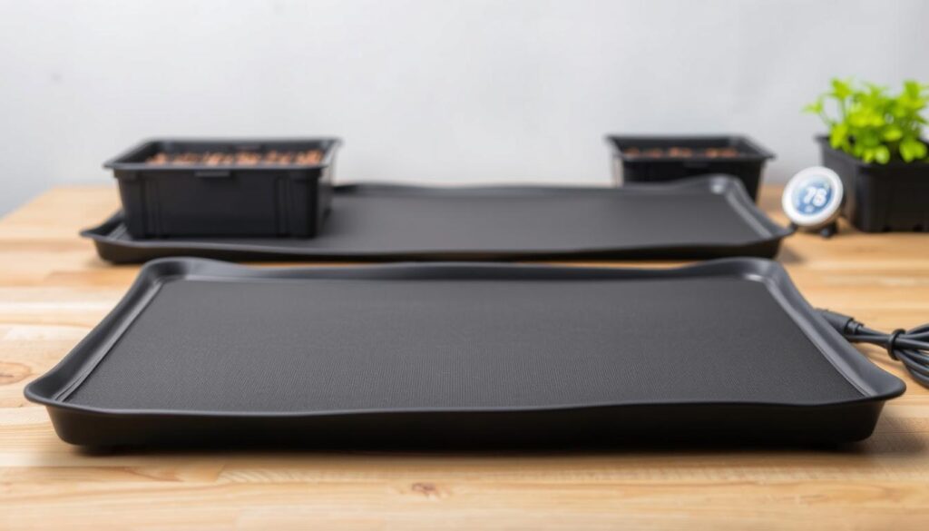 A high-quality, detailed image of multiple electric heat mats for seed starting, with a clean, well-lit, and organized setup. The heat mats are shown in the foreground, with a neutral gray or white background that highlights their form and texture. The mats are positioned on a sturdy, wooden surface, with a thermostat controller visible nearby, creating a cohesive, professional-looking seed starting station. The image conveys a sense of reliability, efficiency, and attention to temperature control for optimal seed germination. A high-quality, detailed image of multiple electric heat mats for seed starting, with a clean, well-lit, and organized setup. The heat mats are shown in the foreground, with a neutral gray or white background that highlights their form and texture. The mats are positioned on a sturdy, wooden surface, with a thermostat controller visible nearby, creating a cohesive, professional-looking seed starting station. The image conveys a sense of reliability, efficiency, and attention to temperature control for optimal seed germination.