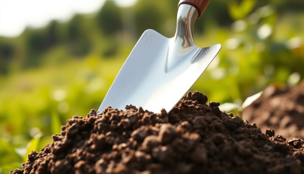 A high-quality hand trowel crafted from sturdy stainless steel, its sleek blade glistening under warm, natural lighting. The trowel rests atop a textured, loamy soil, ready to tackle the earth for essential gardening tasks. The background is a blurred, verdant landscape, suggesting the peaceful, productive setting of a well-tended backyard or community garden. The overall scene conveys a sense of simplicity, utility, and the joy of hands-on, budget-friendly gardening. A high-quality hand trowel crafted from sturdy stainless steel, its sleek blade glistening under warm, natural lighting. The trowel rests atop a textured, loamy soil, ready to tackle the earth for essential gardening tasks. The background is a blurred, verdant landscape, suggesting the peaceful, productive setting of a well-tended backyard or community garden. The overall scene conveys a sense of simplicity, utility, and the joy of hands-on, budget-friendly gardening.