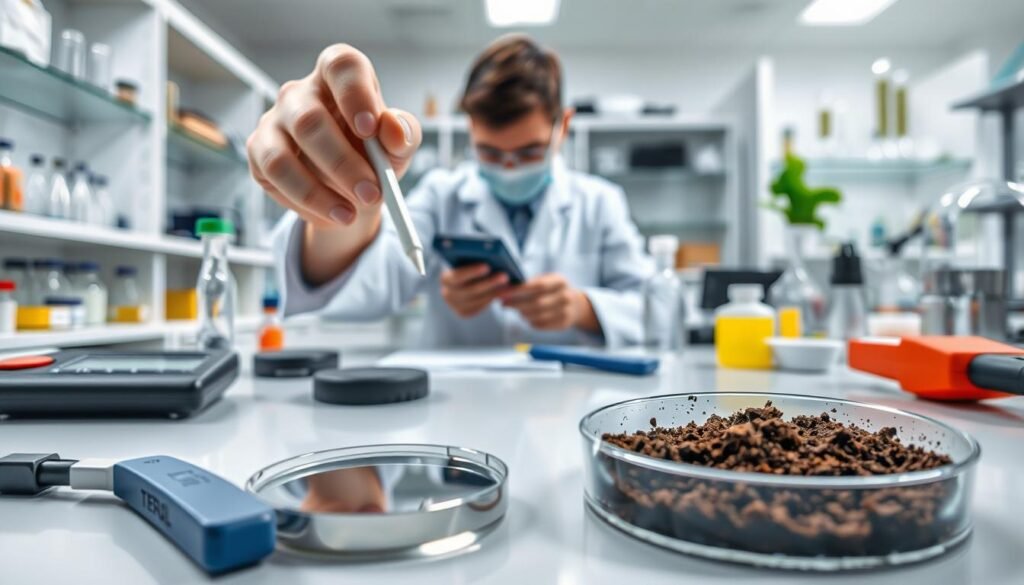 A high-resolution, photorealistic image of a soil sample being tested in a laboratory setting. The foreground shows a petri dish filled with soil, with various testing tools and equipment surrounding it, such as a hand-held soil testing kit, pH meter, and magnifying glass. The middle ground features a scientist in a white lab coat carefully examining the soil sample. The background showcases a modern, well-lit laboratory environment with shelves of scientific equipment and glassware. The lighting is natural and evenly distributed, creating a sense of clarity and precision. The overall scene conveys a scientific, analytical, and educational atmosphere, reflecting the importance of proper soil testing for lawn care decisions.