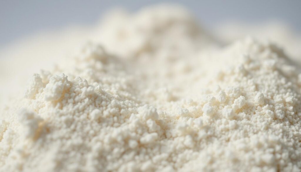 A highly detailed closeup photograph of diatomaceous earth, a fine-grained sedimentary rock composed of fossilized diatoms. The foreground shows the granular texture and off-white color of the powder, with individual diatom skeletons visible under high magnification. The middle ground reveals the powder's soft, lightweight and porous nature, while the background is blurred to emphasize the subject. Soft, diffuse natural lighting casts gentle shadows, highlighting the intricate microscopic structures. Captured with a high-resolution macro lens to showcase the exceptional detail and structure of this versatile organic material.