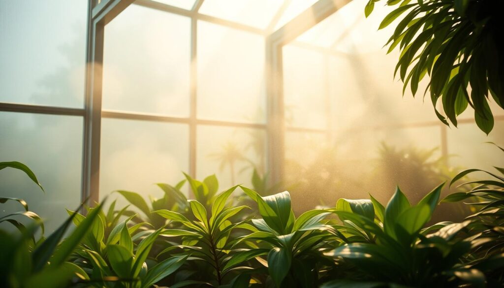 A humid, atmospheric greenhouse interior bathed in soft, diffused natural light filtering through translucent glass panels. Wisps of mist and condensation hang in the air, creating a serene, almost ethereal ambiance. Verdant, lush foliage of various tropical plants fill the frame, their leaves glistening with beads of moisture. The lighting is warm and subtle, creating depth and dimensionality within the scene. The overall composition conveys a sense of tranquility and the nurturing, thriving environment required for an indoor greenhouse habitat. A humid, atmospheric greenhouse interior bathed in soft, diffused natural light filtering through translucent glass panels. Wisps of mist and condensation hang in the air, creating a serene, almost ethereal ambiance. Verdant, lush foliage of various tropical plants fill the frame, their leaves glistening with beads of moisture. The lighting is warm and subtle, creating depth and dimensionality within the scene. The overall composition conveys a sense of tranquility and the nurturing, thriving environment required for an indoor greenhouse habitat.