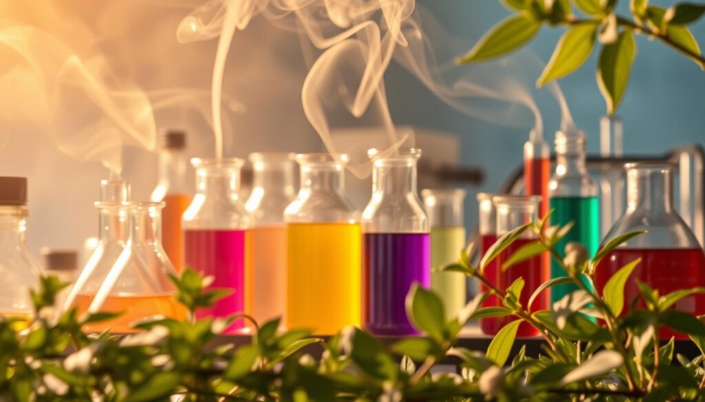 A laboratory scene with an array of glass beakers and test tubes filled with colorful liquid chemicals. Wispy tendrils of vapor drift upwards, intertwining with fragrant herb leaves in the foreground. Warm, diffuse lighting casts a hazy, atmospheric glow, highlighting the delicate dance between synthetic and organic elements. The composition is balanced, with the chemicals commanding the center stage while the herbs frame the scene, hinting at the potential hazards of accidental exposure. A sense of cautious wonder pervades the image, inviting the viewer to consider the complex relationship between man-made and natural substances. A laboratory scene with an array of glass beakers and test tubes filled with colorful liquid chemicals. Wispy tendrils of vapor drift upwards, intertwining with fragrant herb leaves in the foreground. Warm, diffuse lighting casts a hazy, atmospheric glow, highlighting the delicate dance between synthetic and organic elements. The composition is balanced, with the chemicals commanding the center stage while the herbs frame the scene, hinting at the potential hazards of accidental exposure. A sense of cautious wonder pervades the image, inviting the viewer to consider the complex relationship between man-made and natural substances.