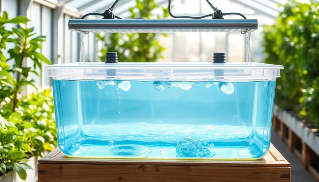 A large, light-proofed rectangular reservoir made of translucent plastic, sitting on a sturdy wooden base. The reservoir is filled with clear water, reflecting the bright LED grow lights mounted above. Air stones create a gentle bubbling, rippling the surface. The entire setup is positioned in a bright, airy greenhouse, with lush greenery and natural lighting visible in the background. The image has a serene, calming atmosphere, suitable for illustrating a hydroponic system setup. A large, light-proofed rectangular reservoir made of translucent plastic, sitting on a sturdy wooden base. The reservoir is filled with clear water, reflecting the bright LED grow lights mounted above. Air stones create a gentle bubbling, rippling the surface. The entire setup is positioned in a bright, airy greenhouse, with lush greenery and natural lighting visible in the background. The image has a serene, calming atmosphere, suitable for illustrating a hydroponic system setup.