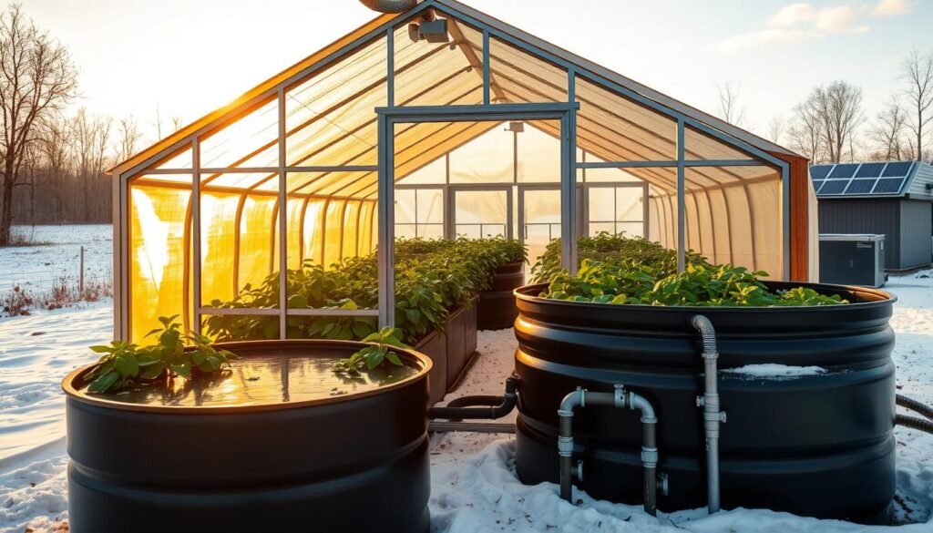 A large, sturdy greenhouse structure stands in a serene, snow-covered landscape. The interior is bathed in a warm, golden glow, showcasing the lush greenery of thriving plants. In the foreground, a thermal mass system, composed of black water tanks and piping, is prominently featured, radiating heat and maintaining a consistent temperature. The middle ground reveals well-insulated walls and roof, trapping the warmth within. Sunlight streams through strategically placed windows, creating a natural, cozy atmosphere. In the background, the off-grid power system, including solar panels and a battery bank, is visible, highlighting the self-sufficient nature of this greenhouse heating experiment.