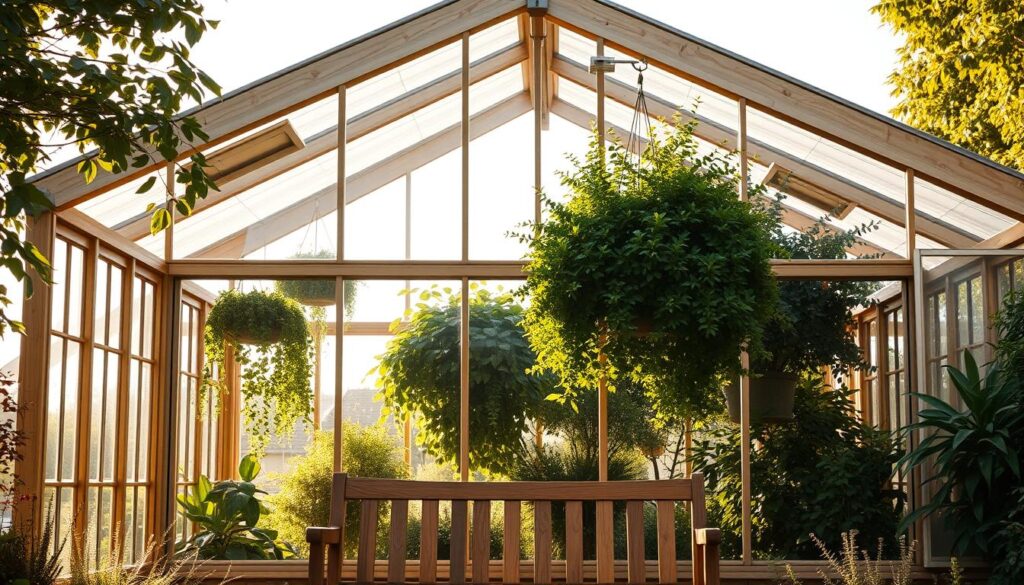 A lean-to greenhouse structure in a sun-filled, tranquil setting. A sturdy wooden frame supports the expansive glass panels, allowing natural light to flood the interior. Lush foliage cascades from hanging baskets, creating a serene, verdant atmosphere. Precisely angled roof slopes guide rainwater away, while vents and openings regulate temperature and airflow. In the foreground, a wooden bench provides a cozy spot to observe the thriving plants. Warm, golden tones wash over the scene, conveying a sense of comfort and relaxation. The overall composition highlights the simplicity and functionality of this greenhouse design. A lean-to greenhouse structure in a sun-filled, tranquil setting. A sturdy wooden frame supports the expansive glass panels, allowing natural light to flood the interior. Lush foliage cascades from hanging baskets, creating a serene, verdant atmosphere. Precisely angled roof slopes guide rainwater away, while vents and openings regulate temperature and airflow. In the foreground, a wooden bench provides a cozy spot to observe the thriving plants. Warm, golden tones wash over the scene, conveying a sense of comfort and relaxation. The overall composition highlights the simplicity and functionality of this greenhouse design.