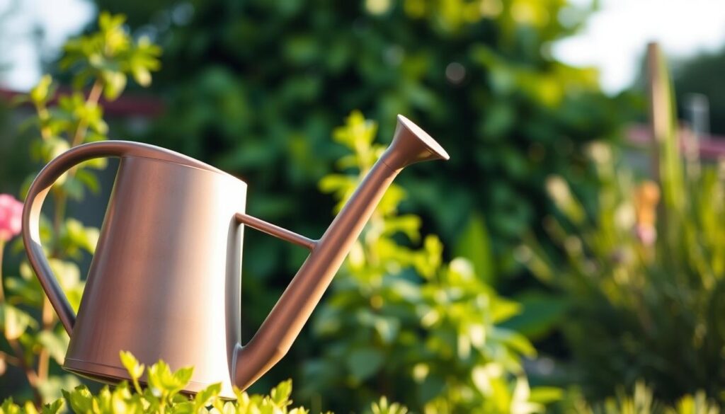 A long-necked watering can with a slender silhouette stands prominently in the foreground, its graceful curves catching the gentle afternoon light. The can's surface has a matte, earthy tone, hinting at its durable, well-crafted nature. In the middle ground, lush, verdant foliage frames the watering can, suggesting a thriving garden setting. The background is softly blurred, creating a sense of depth and focus on the central object. The overall composition evokes a serene, budget-friendly gardening scene, where this versatile, easy-to-use watering can is the star of the show. A long-necked watering can with a slender silhouette stands prominently in the foreground, its graceful curves catching the gentle afternoon light. The can's surface has a matte, earthy tone, hinting at its durable, well-crafted nature. In the middle ground, lush, verdant foliage frames the watering can, suggesting a thriving garden setting. The background is softly blurred, creating a sense of depth and focus on the central object. The overall composition evokes a serene, budget-friendly gardening scene, where this versatile, easy-to-use watering can is the star of the show.