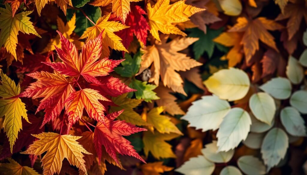 A lush arrangement of seasonal leaves in varied hues, captured in a soft, natural lighting. In the foreground, delicate maple leaves in warm autumnal tones of amber and crimson. The middle ground features a mix of oak leaves in deep, earthy greens and golden yellow. In the background, a scattering of birch leaves in shimmering pale greens and whites, their edges gently backlit. The overall composition evokes a sense of abundance and the cyclical nature of growth, with each leaf a testament to the changing seasons. Captured with a shallow depth of field, emphasizing the organic textures and intricate veining of the foliage.