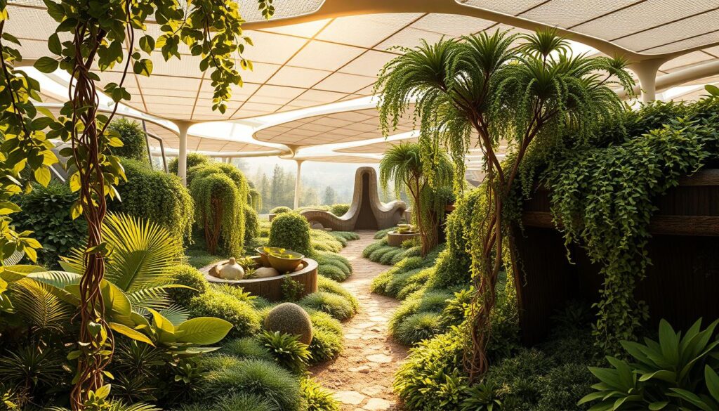 A lush, biophilic garden unfolds, its sinuous forms inspired by nature's elegant geometries. In the foreground, cascading vines and undulating foliage intertwine, their organic shapes mirroring the curvilinear solar panels overhead. Warm, diffused sunlight filters through the canopy, casting soft shadows that accentuate the garden's sculptural elements. Nestled within this verdant oasis, a meandering path leads the eye deeper, revealing an array of textured, bio-inspired structures - from the gently sloping berms to the flowing water features. The overall atmosphere is one of harmony and balance, where function and aesthetics seamlessly converge to create a sanctuary that celebrates the marriage of technology and nature.