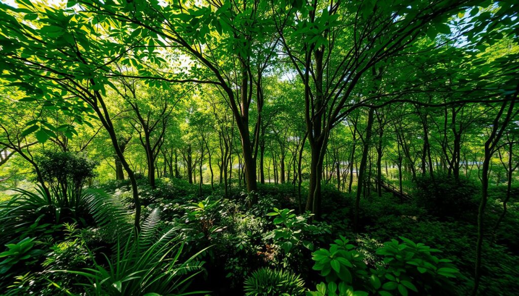 A lush, dense canopy of verdant foliage in a miniature Miyawaki-style forest, with sunlight filtering through the leaves and casting a warm, dappled glow across the scene. In the foreground, a profusion of diverse native plants and shrubs form a vibrant, layered understory, creating a sense of depth and natural harmony. The middle ground features young, slender tree trunks reaching skyward, their branches intertwining to form a cohesive, self-sustaining ecosystem. In the background, the forest extends into the distance, hinting at the larger scale of this micro-biome thriving in a compact 10x10 foot space. The overall mood is one of thriving biodiversity, peaceful solitude, and the restorative power of nature in an urban setting. A lush, dense canopy of verdant foliage in a miniature Miyawaki-style forest, with sunlight filtering through the leaves and casting a warm, dappled glow across the scene. In the foreground, a profusion of diverse native plants and shrubs form a vibrant, layered understory, creating a sense of depth and natural harmony. The middle ground features young, slender tree trunks reaching skyward, their branches intertwining to form a cohesive, self-sustaining ecosystem. In the background, the forest extends into the distance, hinting at the larger scale of this micro-biome thriving in a compact 10x10 foot space. The overall mood is one of thriving biodiversity, peaceful solitude, and the restorative power of nature in an urban setting.