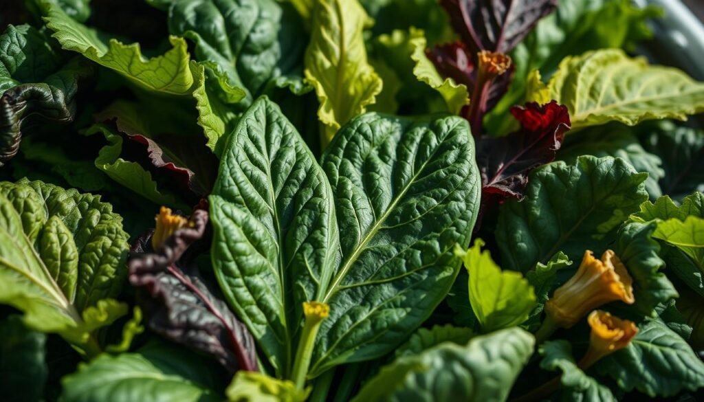 A lush, detailed close-up view of a variety of edible plant leaves, meticulously lit and captured with a macro lens. The leaves fill the frame, showcasing their intricate textures, vibrant colors, and delicate veining. The lighting casts soft, natural shadows, emphasizing the three-dimensional forms. The background is blurred, allowing the leaves to be the central focus. The overall mood is one of botanical elegance and culinary inspiration, inviting the viewer to appreciate the beauty and versatility of these edible plant parts.