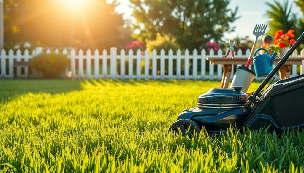 A lush, freshly mowed lawn stretches out under a warm, golden-hour sun. Vibrant green blades of grass sway gently in a light breeze. In the foreground, a well-maintained lawn mower stands at the ready, its shiny chrome accents catching the soft light. The middle ground features a variety of gardening tools - a rake, pruning shears, and a watering can - neatly arranged on a weathered wooden workbench. In the background, a picket fence borders the scene, leading the eye towards a blooming flower garden and a clear, blue sky. The overall atmosphere evokes a sense of peaceful, well-tended tranquility, ready to embark on the journey of lawn recovery.