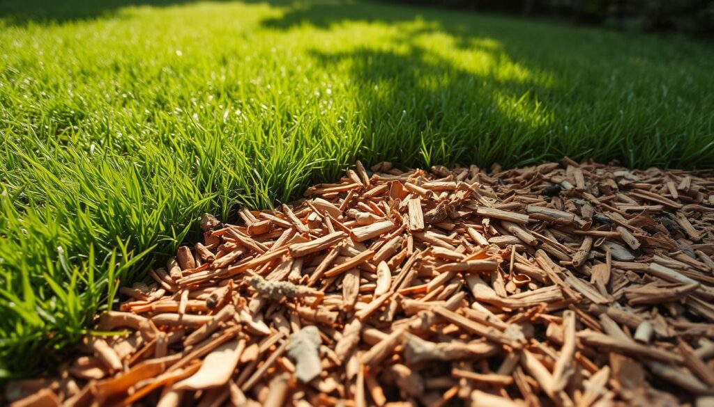 A lush green carpet of alternative low-pollen grass, lightly dappled with sun. In the foreground, a soft pile of natural mulch, its warm earthy tones complementing the verdant lawn. Subtle hints of mold speckle the mulch, rendered in delicate shades of gray and white, adding a touch of interest without dominating the scene. The overall mood is one of calm, natural beauty, inviting the viewer to imagine a backyard oasis free from allergy-triggering irritants. Captured with a wide-angle lens to showcase the serene landscape, the lighting is soft and diffused, creating a soothing, atmospheric ambiance. A lush green carpet of alternative low-pollen grass, lightly dappled with sun. In the foreground, a soft pile of natural mulch, its warm earthy tones complementing the verdant lawn. Subtle hints of mold speckle the mulch, rendered in delicate shades of gray and white, adding a touch of interest without dominating the scene. The overall mood is one of calm, natural beauty, inviting the viewer to imagine a backyard oasis free from allergy-triggering irritants. Captured with a wide-angle lens to showcase the serene landscape, the lighting is soft and diffused, creating a soothing, atmospheric ambiance.