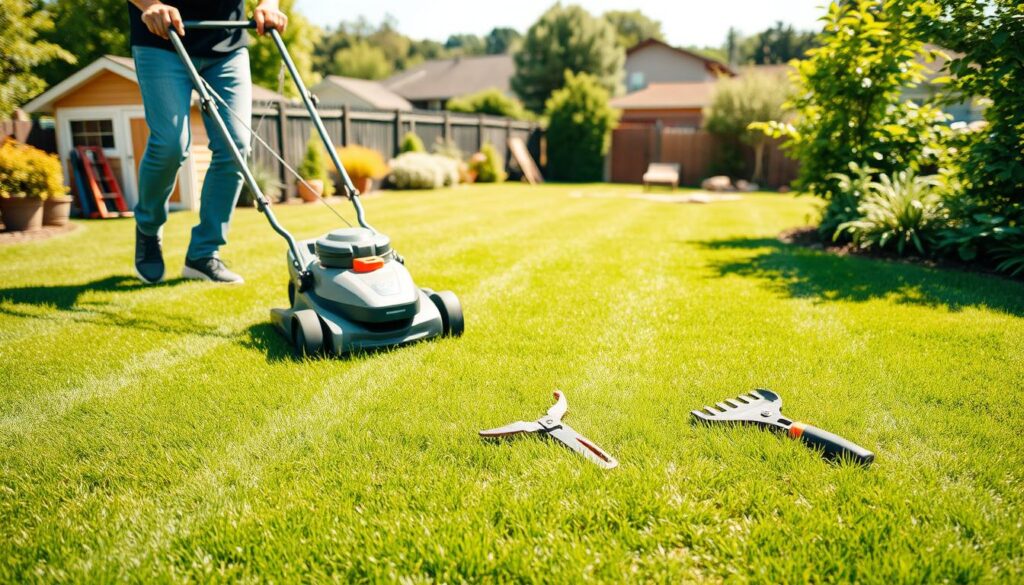 A lush, green lawn on a sunny day, freshly mowed, with a person diligently tending to it. In the foreground, the person is pushing a lightweight, modern lawn mower, creating neat, parallel lines. The middle ground features a well-maintained garden edger, a pair of pruning shears, and a small rake, suggesting regular trimming and maintenance. In the background, a neatly organized tool shed and a picturesque suburban neighborhood set the scene. The lighting is natural and bright, casting gentle shadows and highlighting the vibrant hues of the grass and foliage. The overall atmosphere conveys a sense of pride, discipline, and a commitment to a thriving, healthy lawn.