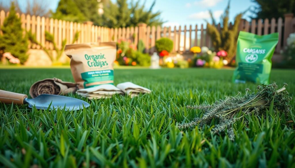 A lush green lawn with patches of vibrant crabgrass in the foreground, surrounded by organic gardening tools and materials such as a hand trowel, gardening gloves, a bag of organic fertilizer, and bunches of natural weed deterrents like clover and thyme. In the background, a tranquil garden scene with a wooden fence, blooming flowers, and a clear blue sky illuminated by warm, natural lighting, creating an inviting and serene atmosphere. The overall composition emphasizes the integration of practical, eco-friendly solutions to the crabgrass problem, reflecting the "3-pronged organic approach" discussed in the article.