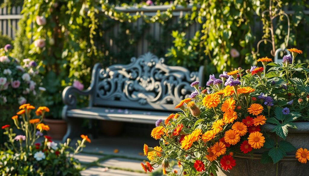 A lush, herbaceous garden in warm afternoon light. In the foreground, a vibrant profusion of edible flowers - marigolds, nasturtiums, and borage blooms - cascade over the edges of an ornate stone planter. The middle ground reveals a weathered wooden garden bench, its surface adorned with a scattering of delicate petals. In the background, a trellis of fragrant jasmine and climbing vines frames the scene, casting gentle shadows across the composition. The overall mood is one of abundance, tranquility, and the fleeting beauty of nature's ephemeral gifts.