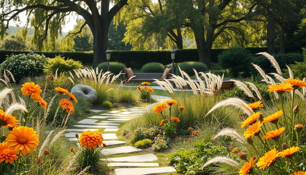 A lush, low-maintenance garden designed for allergy-sufferers. In the foreground, a curving path of natural stone leads through a vibrant, pollen-free landscape. Flowering plants with large, showy blooms in warm, earthy tones dot the scene, interspersed with soft, airy grasses that sway gently in the breeze. In the middle ground, a shaded seating area invites relaxation, its benches nestled among carefully selected, allergy-friendly shrubs. The background features towering, mature trees that filter the sunlight, casting a serene, dappled glow across the entire composition. The overall mood is one of tranquility and respite, a haven where allergy sufferers can comfortably enjoy the beauty of nature. A lush, low-maintenance garden designed for allergy-sufferers. In the foreground, a curving path of natural stone leads through a vibrant, pollen-free landscape. Flowering plants with large, showy blooms in warm, earthy tones dot the scene, interspersed with soft, airy grasses that sway gently in the breeze. In the middle ground, a shaded seating area invites relaxation, its benches nestled among carefully selected, allergy-friendly shrubs. The background features towering, mature trees that filter the sunlight, casting a serene, dappled glow across the entire composition. The overall mood is one of tranquility and respite, a haven where allergy sufferers can comfortably enjoy the beauty of nature.