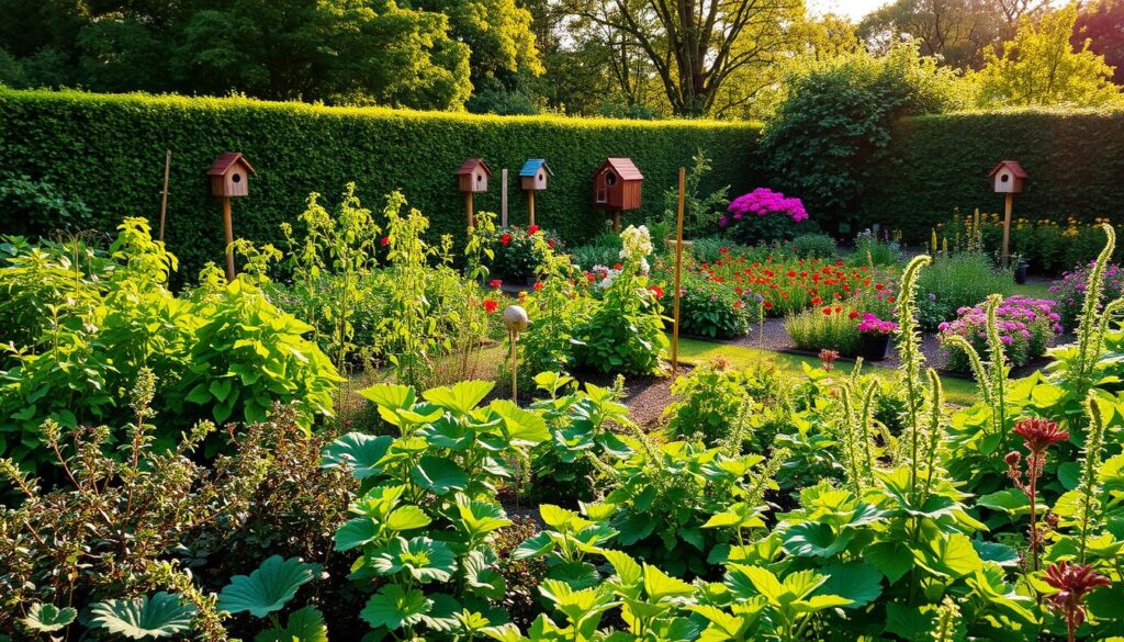 A lush, meticulously planned garden filled with vibrant greenery and natural pest control solutions. In the foreground, a well-tended vegetable patch with companion plants that deter common garden pests. In the middle ground, a neatly trimmed hedge with strategically placed bird houses and insect hotels. The background features a harmonious blend of flowering plants and shrubs, illuminated by warm, natural sunlight filtered through a canopy of trees. The overall scene exudes a sense of balance, abundance, and a commitment to sustainable, pesticide-free gardening practices. A lush, meticulously planned garden filled with vibrant greenery and natural pest control solutions. In the foreground, a well-tended vegetable patch with companion plants that deter common garden pests. In the middle ground, a neatly trimmed hedge with strategically placed bird houses and insect hotels. The background features a harmonious blend of flowering plants and shrubs, illuminated by warm, natural sunlight filtered through a canopy of trees. The overall scene exudes a sense of balance, abundance, and a commitment to sustainable, pesticide-free gardening practices.