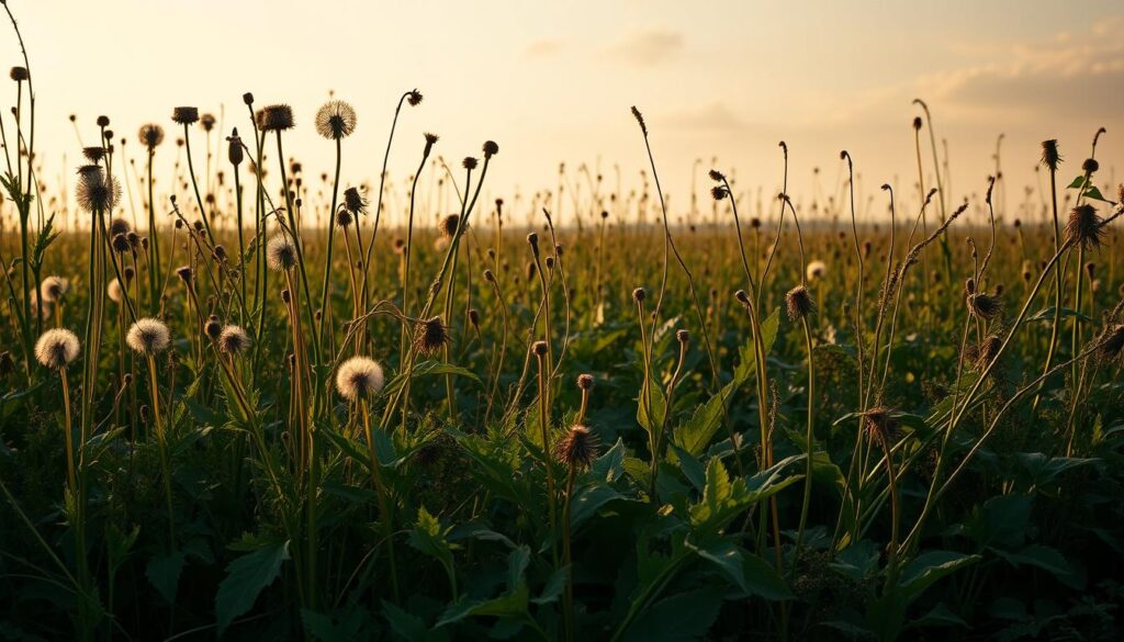 A lush, overgrown field of weeds in the golden hour of a summer evening. Tall, scraggly dandelions, thistles, and clover sway gently in a soft breeze, their delicate flowers and seedheads illuminated by the warm, hazy light. In the foreground, a tangle of broad-leaved plantain and dock plants crowd together, casting long, dramatic shadows across the uneven, earthy ground. The background fades into a hazy, dreamlike horizon, with a few wispy clouds drifting overhead, hinting at the subtle, melancholy atmosphere. Captured with a wide-angle lens to accentuate the depth and sense of overwhelming growth. A lush, overgrown field of weeds in the golden hour of a summer evening. Tall, scraggly dandelions, thistles, and clover sway gently in a soft breeze, their delicate flowers and seedheads illuminated by the warm, hazy light. In the foreground, a tangle of broad-leaved plantain and dock plants crowd together, casting long, dramatic shadows across the uneven, earthy ground. The background fades into a hazy, dreamlike horizon, with a few wispy clouds drifting overhead, hinting at the subtle, melancholy atmosphere. Captured with a wide-angle lens to accentuate the depth and sense of overwhelming growth.